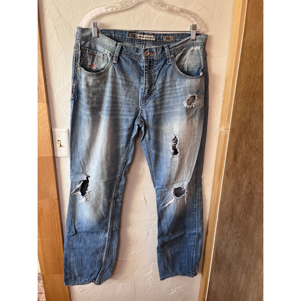 BKE Derek Straight Jeans Mens 36L Distressed Blue Denim Ripped‎